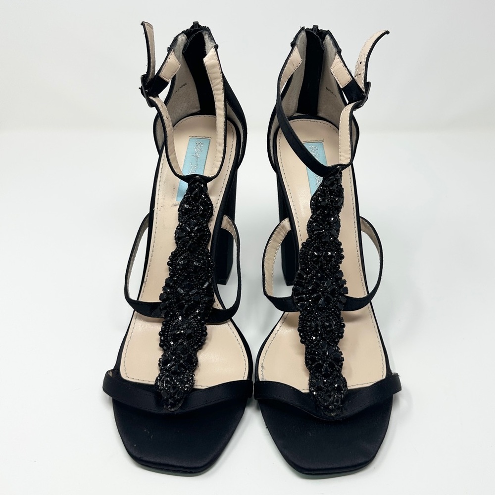 Betsey Johnson Black Strappy Heels with Beaded Embellishments